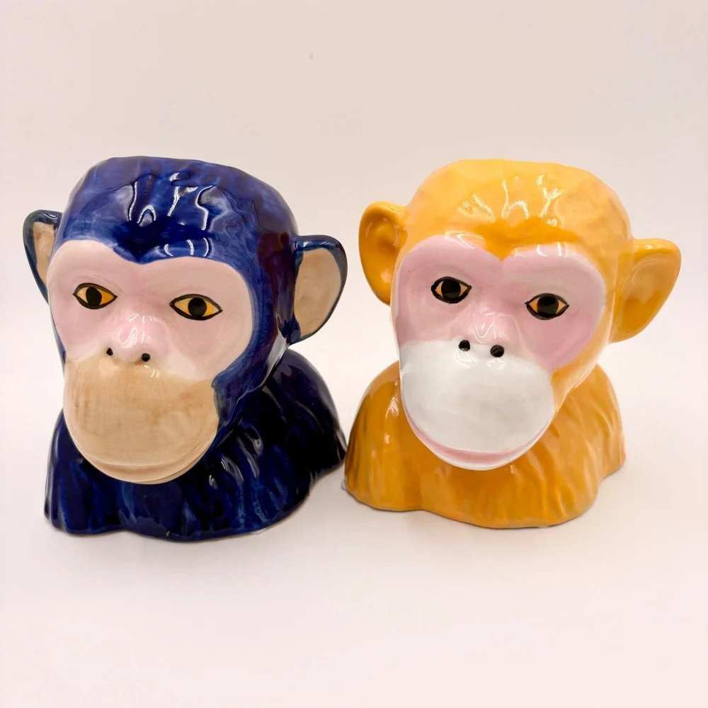 Ceramic Monkey Bust Planter Vase Set Blue‎ and Yellow Glossy Glaze Primate Decor